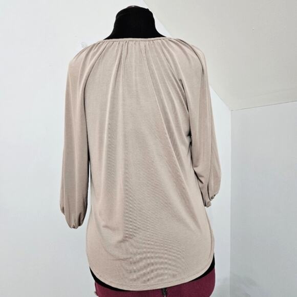 Monica M Taupe Raglan Sleeve Keyhole Tie Front Lightweight Top Medium Minimal - Picture 3 of 10